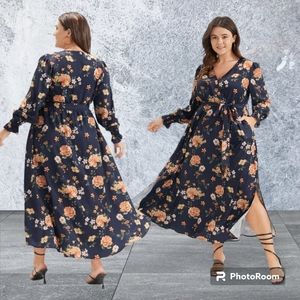 Floral Print Pocket Wrap Belted Split Ruffle Dress